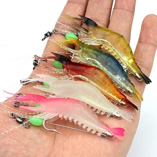 5 Soft Luminous Shrimp Lure Set, 5 Colors Shrimp Bait with Hooks and Beads - Fishing Tackles for Freshwater and Saltwater Bass, Trout, Catfish, Salmon