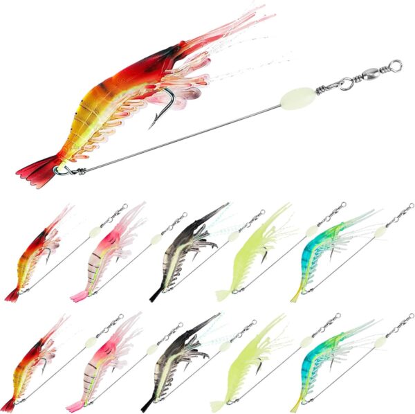 10 Saltwater Fishing Lures Shrimp Baits Set, Premium Soft Shrimp Fishing Tackle with Luminous Sharp Hooks, for Freshwater and Saltwater -