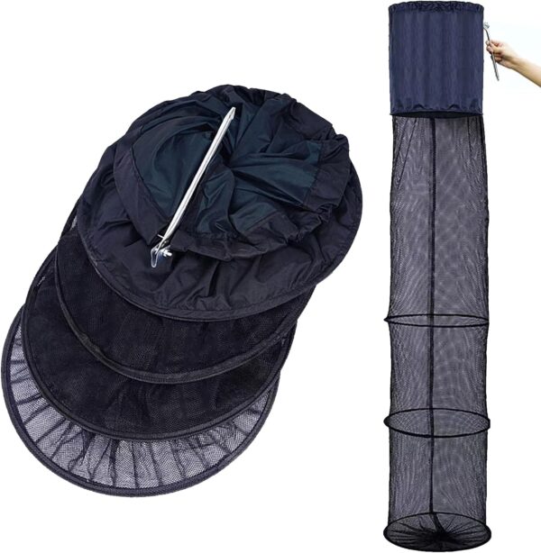 Collapsible Fishing Cage Basket 4 Layers Nylon Fish Baskets Fish Keeping Net with Anchor Bolt for Crab,Shrimp,Crawfish,Minnows(Black, 67X13 in)
