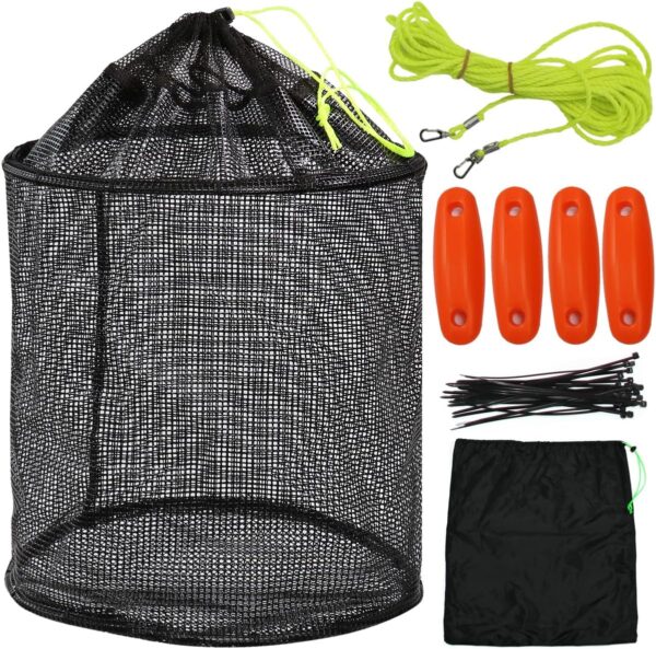 Large Portable Floating Fishing Basket for Caught Bait Shrimp Minnow Crab Live Well Coated Nylon Net Mesh Collapsible Storage Cage Rubber Kayak Fish Net Bucket