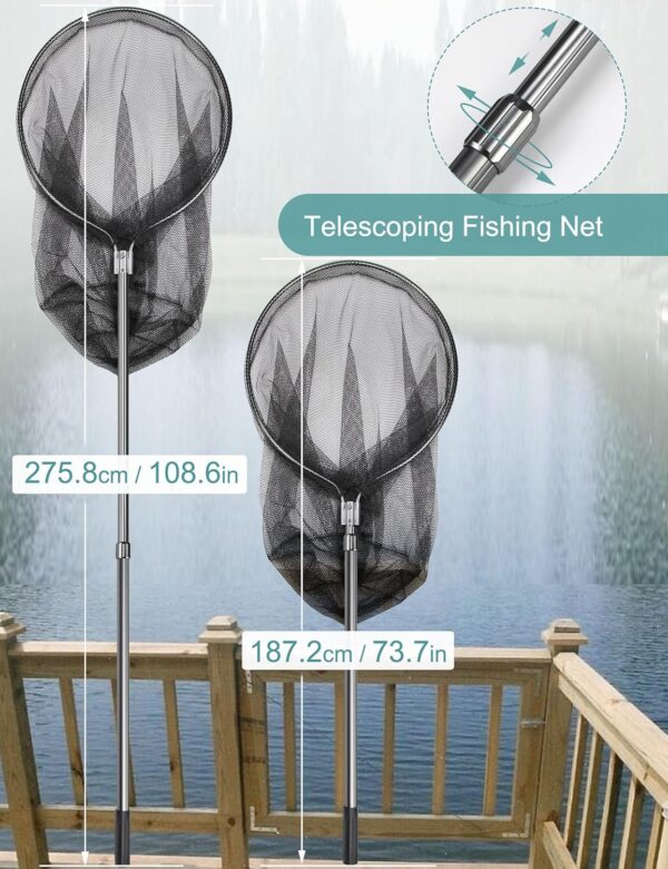 Saltwater Fishing Net Large Fishing Net with Telescoping Handle Cat Catcher Net Trap Chicken Net Rubber Landing Net Big Kayak Fish Net Extends to 108.6in, Net Depth 35.4in - Image 2